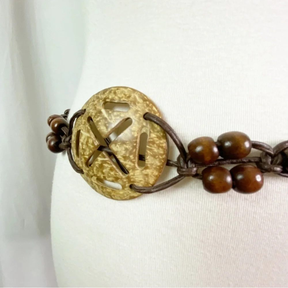 Vintage Boho Hippie Coconut Shell Faux Leather Macrame Belt